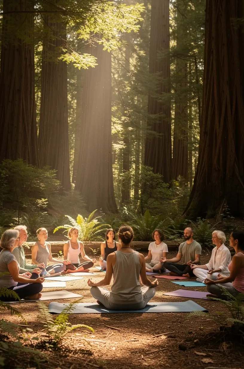 Outdoor yoga practices in serene natural settings.